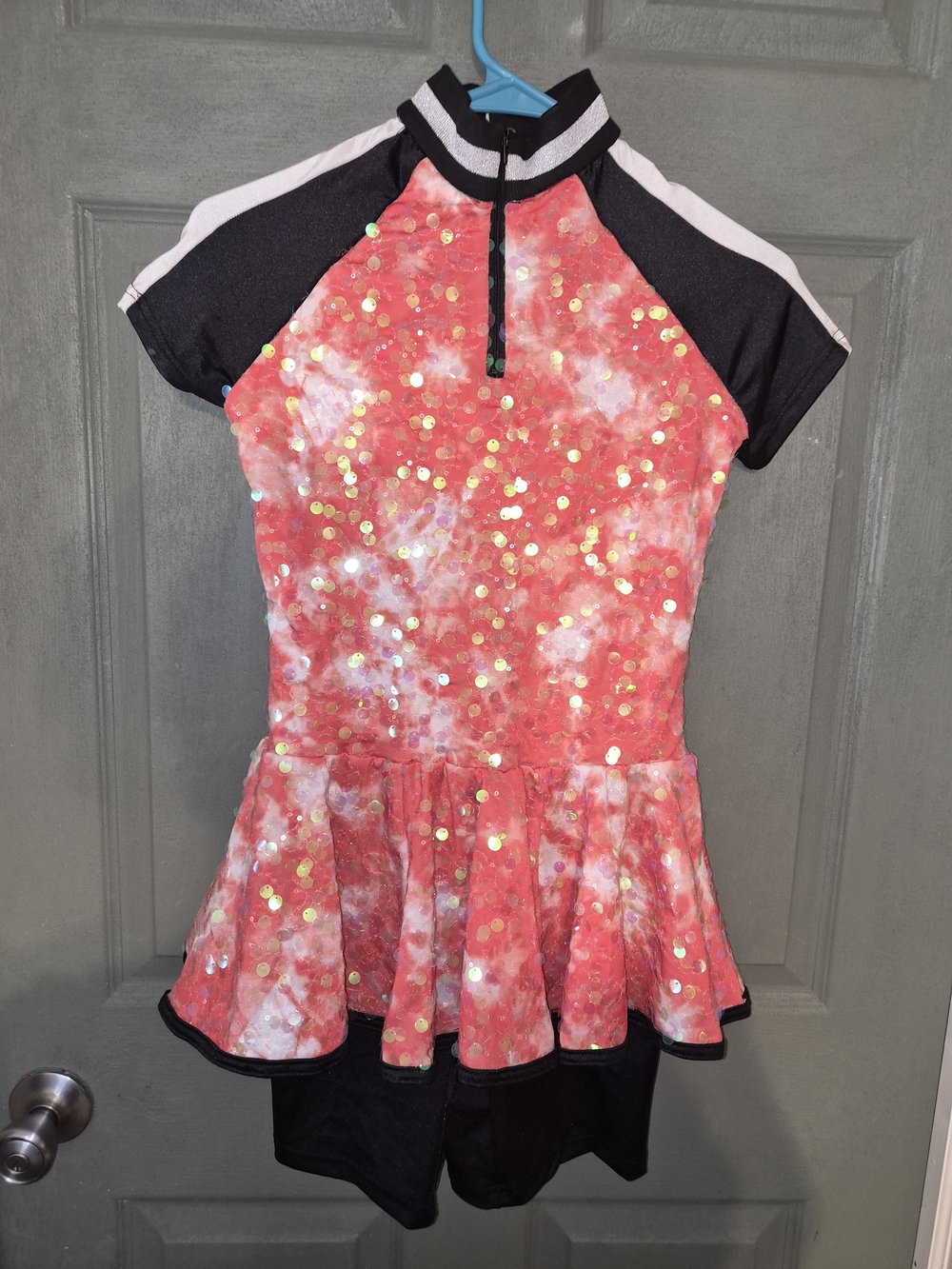 Weissman Coral Sequin Dance Dress with Black Accents